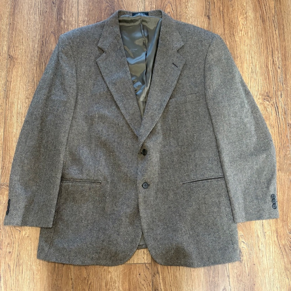 Towncraft Mens Herringbone Blazer Brown Gray Two Button Sport‎ Coat Jacket 46R